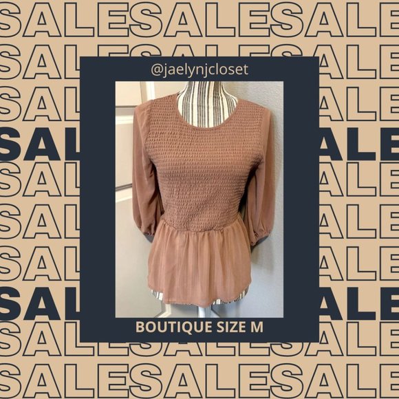 Tops - Boutique Mocha Smocked Péplum Blouse -- FINAL SALE PRICE